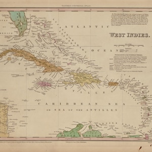 May include: An antique map of the West Indies, showing the Caribbean islands and surrounding areas. The map includes text labels, geographical features, and color-coded regions, with the title "West Indies" clearly visible.