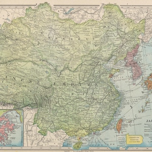 May include: A vintage-style map titled Empires of China, Japan and Korea, featuring detailed topography in shades of green, tan, and orange. The map includes a grid border, a small inset map of Hong Kong, and text labels for major regions and cities.