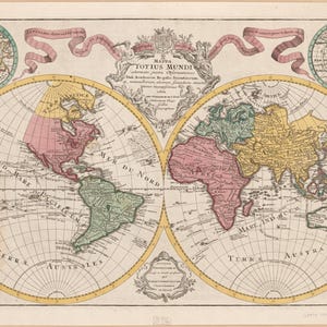 May include: Antique world map with continents in pink, green, and yellow, surrounded by a yellow border. The map includes text in Latin and French, with detailed depictions of the Arctic and Antarctic regions. A decorative ribbon and crest are at the top.