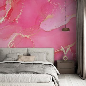 Pink Abstract Painting Modern Design Background Wallpaper Self Adhesive Peel and Stick Wall, Gold Murals Decoration Removable