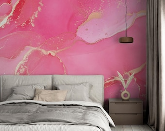 Pink Abstract Painting Modern Design Background Wallpaper Self Adhesive Peel and Stick Wall, Gold Murals Decoration Removable