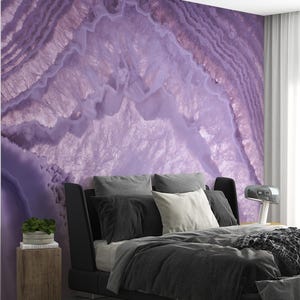 Carta da parati murale con linee viola, stacca e attacca, stampa murale in marmo, carta da parati con tonalità oro lilla e viola, decorazione murale con accenti astratti