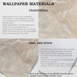 May include: A guide to wallpaper materials, with two types: traditional and peel and stick. Traditional wallpaper is high quality, non-woven, and washable. Peel and stick wallpaper is self-adhesive and easy to apply. Both types are available in gold or silver colours.