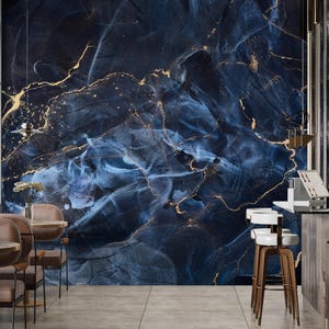 Navy Blue Marble Wallpaper Peel and Stick, Modern Watercolor Blue, Art Print Photomural Wallpaper Mural Easy-Install Removeable Peel Stick