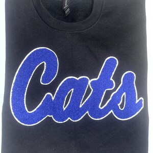 May include: Black sweatshirt with a blue and white embroidered "Cats" graphic.