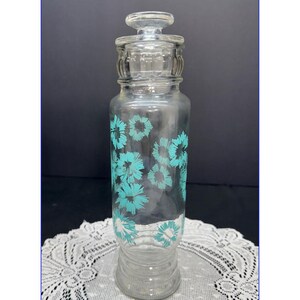 11" Vintage, MCM Lidded Glass Apothecary Jar w/Beautiful Blue Flower Design