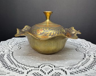 5" Vintage Etched Brass and Enamel Lidded Container