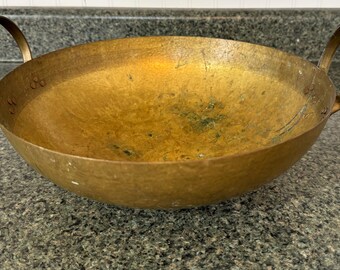13" mid century Hammered, Brass/Bronze Handled Cooking Kadhai Wok