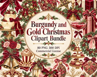 May include: A digital collection of burgundy and gold Christmas clipart featuring a decorated tree, ornaments, gifts, a tiered cake, a candle, a goblet, bells, a lantern, a masquerade mask, and a tiered dessert stand with the text Burgundy and Gold Christmas Clipart Bundle 80 PNG 300 DPI Commercial License.