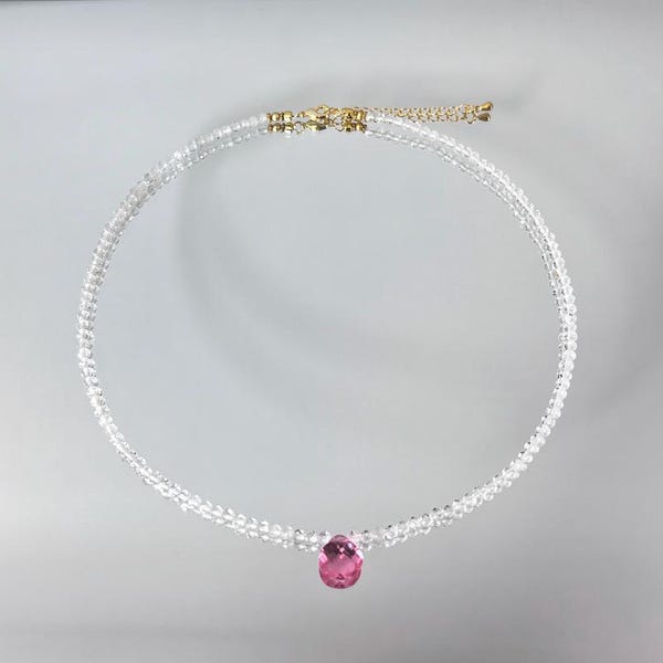 Dainty White Crystal Beaded Necklace, Pink Gemstone Pendant Necklace, Energetic Balance Necklace for women, Mother's Day Gift