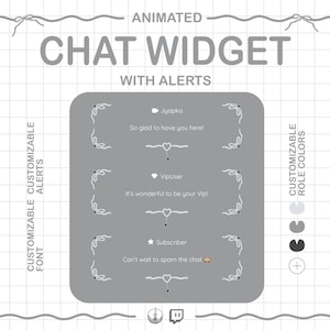 May include: A gray animated chat widget design with alerts, customizable font, and role colors. The text includes "CHAT WIDGET WITH ALERTS" and sample messages like "So glad to have you here!" and "Can't wait to spam the chat."