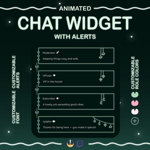 Könnte beinhalten: Animierte Chat-Widget-Grafik mit anpassbaren Benachrichtigungen, Schriftarten und Rollenfarben. Der Text enthält "CHAT WIDGET WITH ALERTS" und Beispiele für Moderator, VIPUser, Abonnent und Jyapka. Das Farbschema ist dunkelgrün mit weißen Akzenten.
