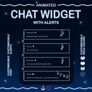 Könnte beinhalten: Dunkelblaue Grafik mit der Aufschrift "Animated Chat Widget with Alerts" in Weiß. Das Bild zeigt anpassbare Benachrichtigungen, Schriftarten und Rollenfarben. Der Text enthält Beispiele für Moderator-, VIP- und Abonnenten-Benachrichtigungen.