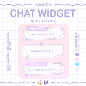 Puede incluir: Gráfico en tonos pastel con el texto "AIMATED CHAT WIDGET WITH ALERTS". El diseño incluye burbujas de chat con nombres de usuario y mensajes, junto con iconos y el texto "CUSTOMIZABLE FONT, ALERTS, ROLE COLORS."