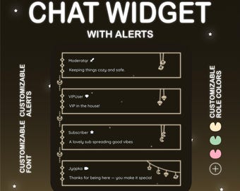Widget de chat celestial elegante para Twitch: superposición cósmica animada con colores de rol y alertas personalizadas.
