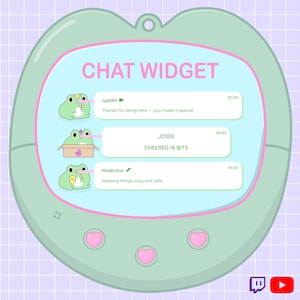 Könnte beinhalten: Digitales Chat-Widget-Design in mintgrüner, herzförmiger Form. Der Bildschirm zeigt ein Chat-Protokoll mit Frosch-Illustrationen und dem Text "CHAT WIDGET". Der Hintergrund ist ein helllila Gitter.