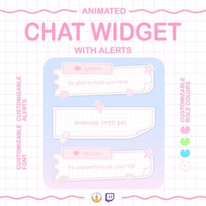 Może przedstawiać: Grafika cyfrowa przedstawiająca animowany widżet czatu w kolorze różowym i niebieskim z alertami. Tekst brzmi "Animated Chat Widget with Alerts". Projekt obejmuje konfigurowalną czcionkę, alerty i kolory ról. Dymki czatu wyświetlają nazwy użytkowników i wiadomości.