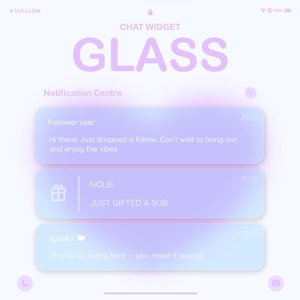 Op de afbeelding: Een digitaal interface-ontwerp met een chatwidget met de titel "GLASS". Het scherm toont een notificatiecentrum met drie berichtenbubbels in paarse en blauwe tinten. De tekst bevat "Follower user", "NOLIE" en "Jyapka".