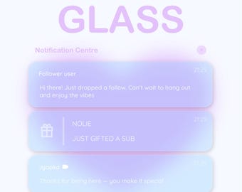 Puede incluir: Un diseño de interfaz digital con un widget de chat titulado "GLASS". La pantalla muestra un centro de notificaciones con tres burbujas de mensajes en tonos morados y azules. El texto incluye "Follower user", "NOLIE" y "Jyapka".