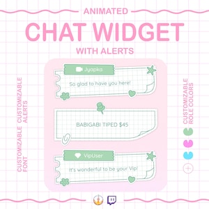 May include: A pink and green animated chat widget design with customisable alerts, font, and role colours. The design includes chat bubbles with text and decorative elements like stars and hearts. The text includes "CHAT WIDGET" and "BABIGABI TIPED $45".