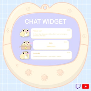 Può includere: Un widget di chat viola chiaro con il testo "CHAT WIDGET". Il widget presenta tre personaggi di rane dei cartoni animati con fumetti. I fumetti contengono testo come "TIPPED $40". Il widget ha un bordo giallo chiaro con dettagli a forma di cuore e fiori.