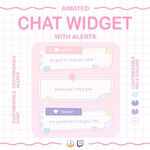 May include: A pink and white graphic promoting a chat widget with alerts. The text includes "AIMATED CHAT WIDGET WITH ALERTS" and examples of customizable alerts with user names and messages. The design features decorative elements.