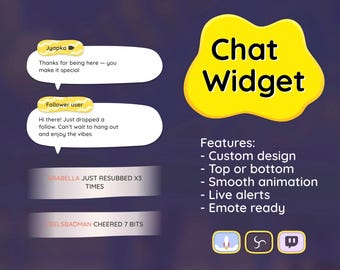 May include: A digital graphic with the words "Chat Widget" in bold white letters on a yellow blob. The image includes chat bubbles with text, and a list of features: custom design, top or bottom, smooth animation, live alerts, and emote ready.