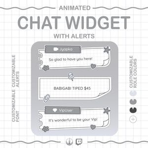 May include: Animated chat widget design with alerts. The design includes three chat bubbles with text and icons. The text includes "Jyapka", "So glad to have you here!", "BABIGABI TIPED $45", "VipUser", and "It's wonderful to be your Vip!"