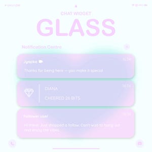 May include: A digital interface mockup of a chat widget with a light purple and teal gradient background. The word "GLASS" is displayed in large, light purple letters. The widget shows three chat bubbles with user names and messages.