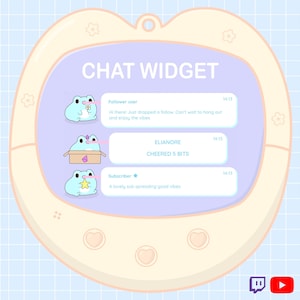 Könnte beinhalten: Ein hellblaues und cremefarbenes Chat-Widget mit dem Text "CHAT WIDGET". Das Widget zeigt drei Cartoon-Frösche mit Textblasen. In der unteren rechten Ecke befinden sich Twitch- und YouTube-Symbole.