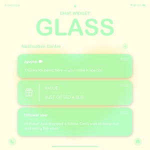 May include: A digital interface mockup with a light green chat widget titled "GLASS". The interface displays three chat bubbles with user names and messages. The background is a pale yellow.