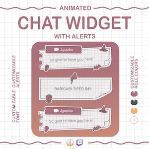 Könnte beinhalten: Ein animiertes Chat-Widget mit Benachrichtigungen, anpassbarer Schriftart, Benachrichtigungen und Rollenfarben. Das Design zeigt Chat-Blasen mit Text, Symbolen und dem Text "BABIGABI TIPED $45". Das Farbschema ist eine Mischung aus Rosa und Weiß.