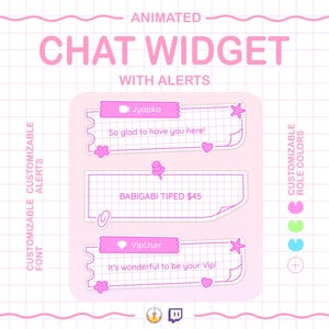 Könnte beinhalten: Rosa animiertes Chat-Widget-Design mit anpassbaren Benachrichtigungen, Schriftarten und Rollenfarben. Das Design umfasst Chat-Blasen mit Text wie "Jyapka" und "BABIGABI TIPED $45". Dekorative Elemente sind Herzen, Sterne und Blumen.