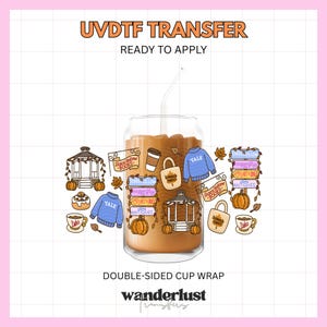 May include: A UVDTF transfer double-sided cup wrap featuring a glass filled with brown liquid and a straw. The design includes illustrations of a gazebo, pumpkins, a blue sweater, a tote bag, a coffee cup, and signs labeled Stars Hollow Books.