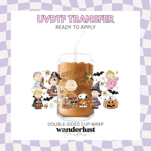May include: A UV DTF transfer sheet featuring a Halloween-themed Peanuts character design. The graphic includes Charlie Brown, Snoopy, and friends in costumes with candy corn, bats, and the text "GOOD GRIEF IT'S SPOOKY" on a glass cup.