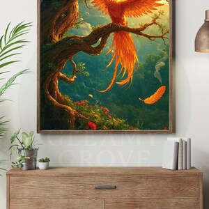 Firebird digital wall art, glowing crimson and gold feathers on ancient tree, mystical home decor, fantasy animal gift