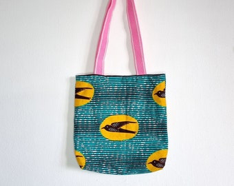 Tote bag with keyring holder | African print bag | Ankara wax bag | Pink handles, turquoise, yellow tote bag