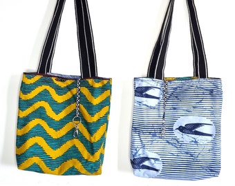 Reversible tote bag | Tote bag with keyring holder | African print bag | Ankara wax bag | Black handles, blue, yellow, turquoise tote bag