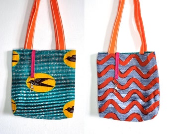 Reversible tote bag | Tote bag with keyring holder | Ankara wax fabric bag | Orange handles, turquoise, yellow, red, blue tote bag