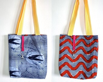 Reversible tote bag | Tote bag with keyring holder | African print bag | Ankara wax bag | Yellow handles, red, blue, tote bag