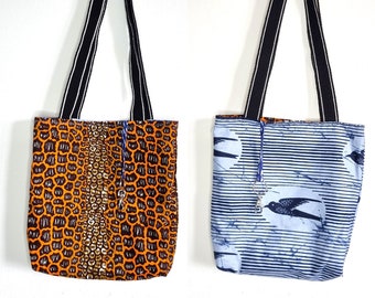 Reversible tote bag | Tote bag with keyring holder | African print bag | Ankara wax bag | Black handles, blue, orange, brown tote bag