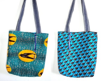 Reversible tote bag | Tote bag with keyring holder | African print bag | Ankara wax bag | Denim handles, blue, yellow, turquoise tote bag