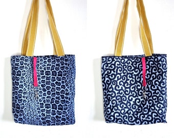 Reversible tote bag | Tote bag with keyring holder | African print bag | Ankara wax bag | Yellow handles, blue tote bag