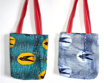 Reversible tote bag | Tote bag with keyring holder | African print bag | Ankara wax bag | Red handles, turquoise, blue, yellow tote bag
