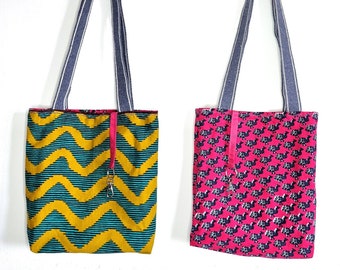 Reversible tote bag | Tote bag with keyring holder | African print bag | Ankara wax bag | Denim blue handles, yellow, pink tote bag