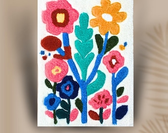 Ręcznie robiony dywan wełniany z motywem kwiatowym: Kolorowy akcent botaniczny (42 x 60 cm)