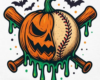 May include: White t-shirt with a Halloween-themed graphic. The design features a jack-o'-lantern pumpkin combined with a baseball, crossed bats, and dripping green slime. The shirt has a Comfort Colors tag, size XL-TG-EG, and a gold necklace.