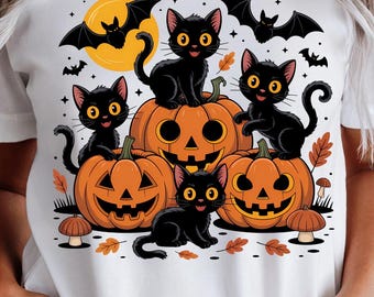 Black Cat Pumpkin PNG | Halloween Cat Mama Shirt | Ghost Cat PNG | Fall Autumn Retro Halloween PNG | Gothic Black Cat Design