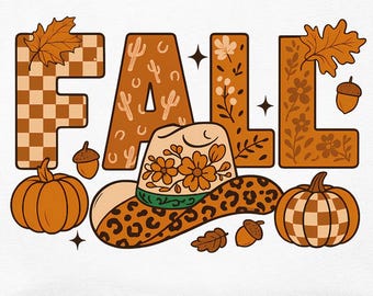 Fall PNG | Autumn Sublimation Design | Pumpkin Leaves Acorn Clipart | Western Hat Retro Fall Shirt PNG