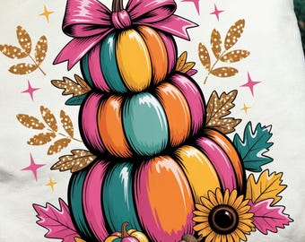 Colorful Pumpkin Sublimation PNG | Fall Stacked Pumpkins with Bow | Autumn Sunflower Leaves PNG | Thanksgiving Printable
